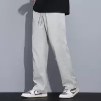 抽绳直筒休闲裤男 浅灰刺绣字母裤 春夏薄款透气裤子 阔腿 休闲裤