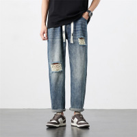 抽绳腰破洞牛仔男裤 日系 Retro 宽松锥形九分裤潮男乞丐老爹裤