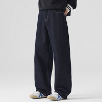 春秋深蓝阔腿牛仔裤 MEN 美式复古宽松直筒裤 潮男高街百搭长裤子