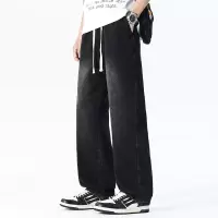 暗黑风渐变拖地牛仔裤 男士抽绳腰头裤 宽松阔腿水洗做旧长裤