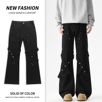 机能男裤风绑带裤男 黑色铆钉微喇牛仔裤 高街潮流长裤 Wholesale