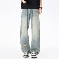 泥染 distressed 牛仔裤男 美式复古破洞阔腿裤 高街做旧拖地裤