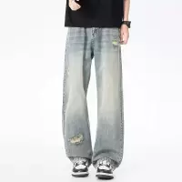泥染 distressed 牛仔裤男 美式复古破洞阔腿裤 高街做旧拖地裤