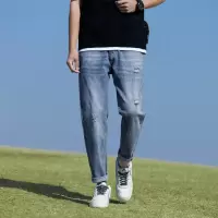 浅蓝破洞锥形牛仔裤男卷边裤 日系 cityboy 风百搭休闲男长裤