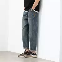 潮牌侧标锥形牛仔裤 男式复古水洗九分裤 2026春秋高街痞帅长裤子