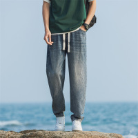 潮牌抽绳牛仔裤 男士水洗做旧束脚裤 日系休闲哈伦长裤工厂直供