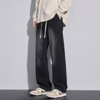 潮牌抽绳牛仔裤 男士黑灰水洗阔腿裤 高街复古休闲长裤工厂直供