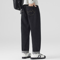 潮牌明线黑丹宁牛仔裤 男士宽松锥形老爹裤 2026春秋复古直筒长裤
