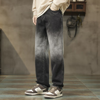 潮牌牛仔长裤男 美式渐变水洗做旧裤 宽松直筒垂感裤工厂直供男装