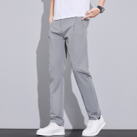 灰色纽扣腰头商务裤男 冰丝垂感直筒裤 春夏透气通勤长裤 薄款夏