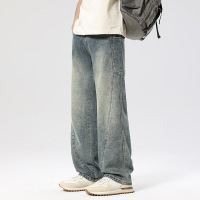 男士大贴袋牛仔裤 浅蓝做旧水洗 宽松直筒 源头拖地长裤