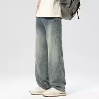 男士大贴袋牛仔裤 浅蓝做旧水洗 宽松直筒 源头拖地长裤