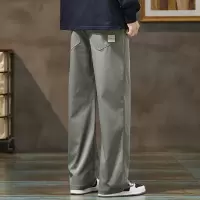 男士宽松直筒休闲裤 灰绿抽绳束脚裤 立体剪裁通勤 垂感阔腿裤 男