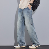 男士宽松直筒牛仔裤 渐变水洗浅蓝 侧缝口袋 显瘦垂坠感阔腿长裤