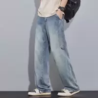 男士宽松直筒牛仔裤 渐变水洗浅蓝 侧缝口袋 显瘦垂坠感阔腿长裤