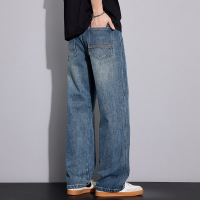 秒发织带锥形男裤 工厂直供浅蓝水洗 潮牌九分牛仔裤