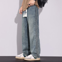 美式复古抽绳牛仔裤男 源头工厂 侧边三条杠宽松阔腿男士水洗长裤
