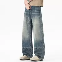 美式复古拼接牛仔裤男 源头工厂 破洞毛边宽松阔腿渐变水洗长裤