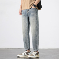 美式复古水洗直筒牛仔裤男 宽松垂感阔腿裤 做旧磨白休闲长裤