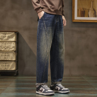 美式复古渐变泥牛仔裤男 侧缝明线设计 宽松锥形萝卜裤子 男生