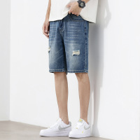 街头潮牌 水洗破洞牛仔中裤 男士浅蓝宽松 直筒五分休闲短裤男5分