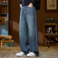 街头潮牌牛仔裤男 复古蓝水洗做旧 宽松直筒 日常通勤阔腿长裤 男