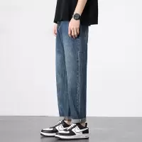 通勤风学生锥形牛仔裤 男士复古蓝长裤 男宽松水洗卷边基础款