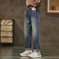 重磅做旧蓝牛仔裤男 猫须抓痕工艺 宽松直筒 日常通勤卷边男长裤