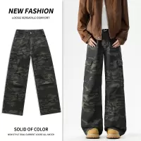 高街 vibe 风迷彩牛仔裤 男款宽松阔腿多口袋工装牛仔长裤潮 休闲