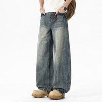 高街做旧牛仔裤男 2026 新款皮牌装饰复古蓝调宽松阔腿拖地长裤子