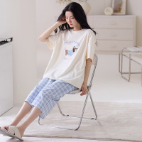 格子新款睡衣女夏季纯棉短袖七分裤套装圆领卡通纯棉可外穿家居服