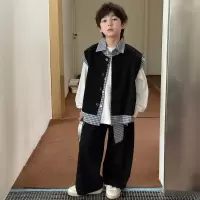 男童春装套装2026新款儿童假两件马甲三件套中大童春季男孩春秋款