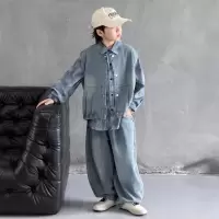 男童春装套装2026新款韩范儿童衣服中大童衬衫马甲三件套春秋款潮