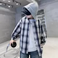 男童格子连帽外套春秋款2026新款儿童衬衫纯棉男孩上衣春装宽松潮