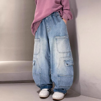 男童牛仔裤春秋款2026新款阔腿潮酷儿童春装裤子男大童时髦工装裤