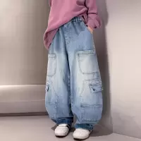 男童牛仔裤春秋款2026新款阔腿潮酷儿童春装裤子男大童时髦工装裤