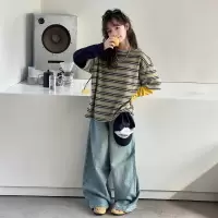 女童卫衣春季套装2026新款洋气女孩韩系假两件条纹长袖T恤牛仔裤