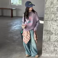 女童春装假两件长袖T恤套装2026新款女孩春季时髦打底衫t牛仔裤潮