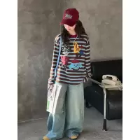 女童春装撞色条纹套装2026新款卡通T恤大童牛仔裤洋气时髦两件套