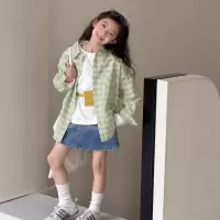 女童格子衬衫春款2026新款小女孩休闲薄外套儿童绿色长袖外穿衬衣