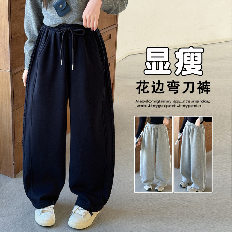 女童裤子春秋款2026新款中大童花边裤儿童运动裤女孩休闲卫裤