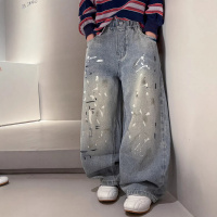 男童牛仔裤春秋款2026新款中大童裤子潮儿童春装洋气涂鸦长裤