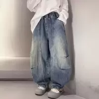 男童牛仔裤春秋款2026新款青少年男孩时髦裤子儿童春装阔腿裤