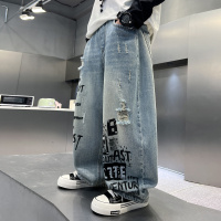 男童裤子2026新款春装春秋款大童春季涂鸦阔腿裤儿童破洞牛仔裤潮