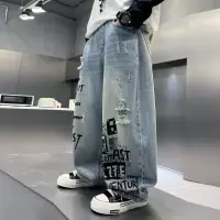 男童裤子2026新款春装春秋款大童春季涂鸦阔腿裤儿童破洞牛仔裤潮