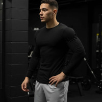 春秋季长袖T恤男士圆领运动跑步健身服弹力肌肉训练休闲打底上衣