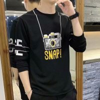 长袖T恤男秋季新款韩版校园简约修身薄休闲圆领印花潮流上衣帅气