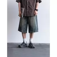 重磅水洗牛仔短裤男美式潮牌复古水洗小众设计直筒阔腿裤