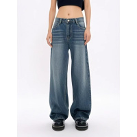 复古美式水洗猫须磨白牛仔裤垂感拖地阔腿裤