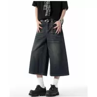 美式夏季薄款复古水洗宽松阔腿七分牛仔中裤